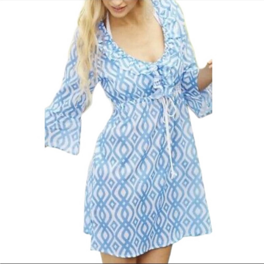 Mud Pie Annabell Tunic Dress Swim Coverup Ruffled Cotton Drawstring Waist Blue